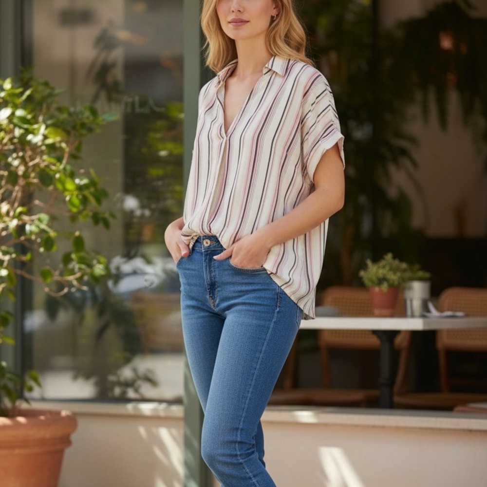 Elegant Striped V-Neck Blouse‎